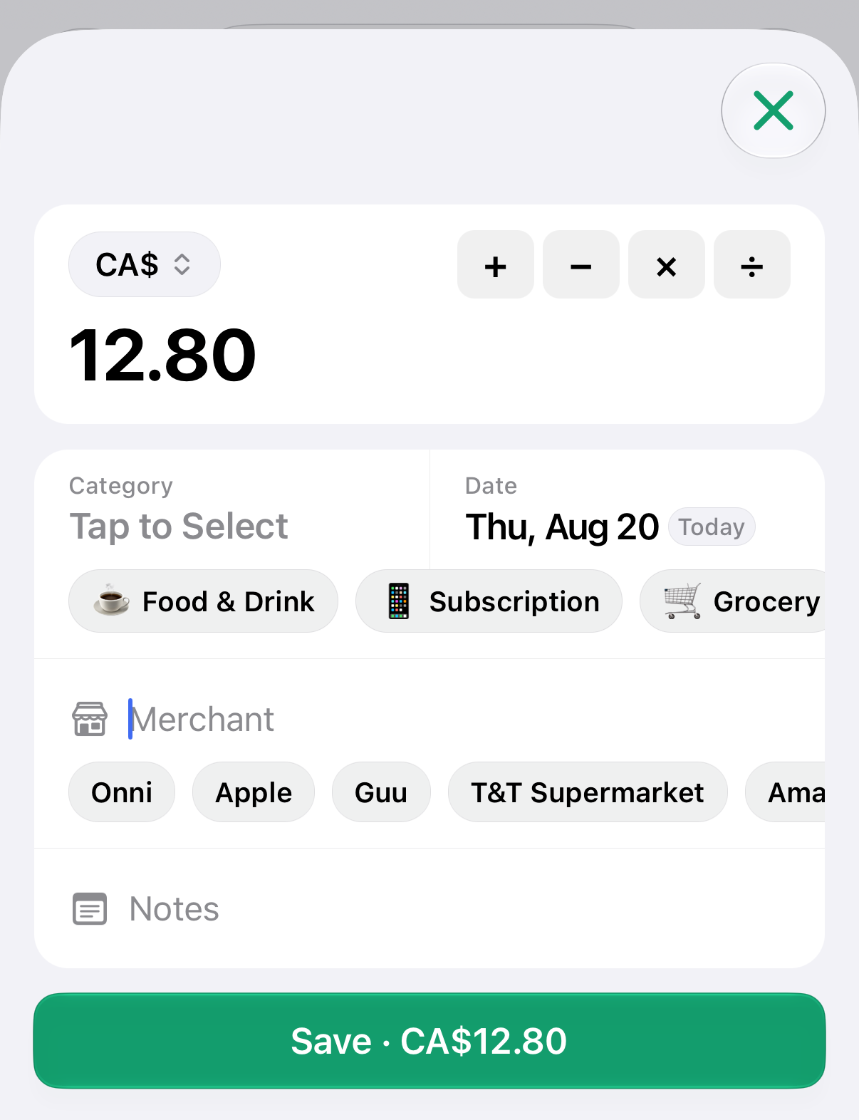 New transaction form with amount and category suggestions